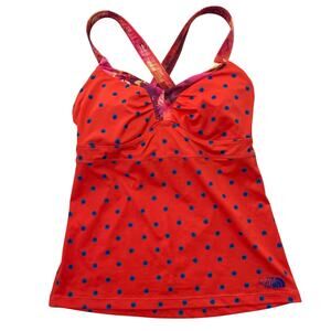 The North Face Tankini Top Womens Small Red-orange Blue Polka Dot Racerback